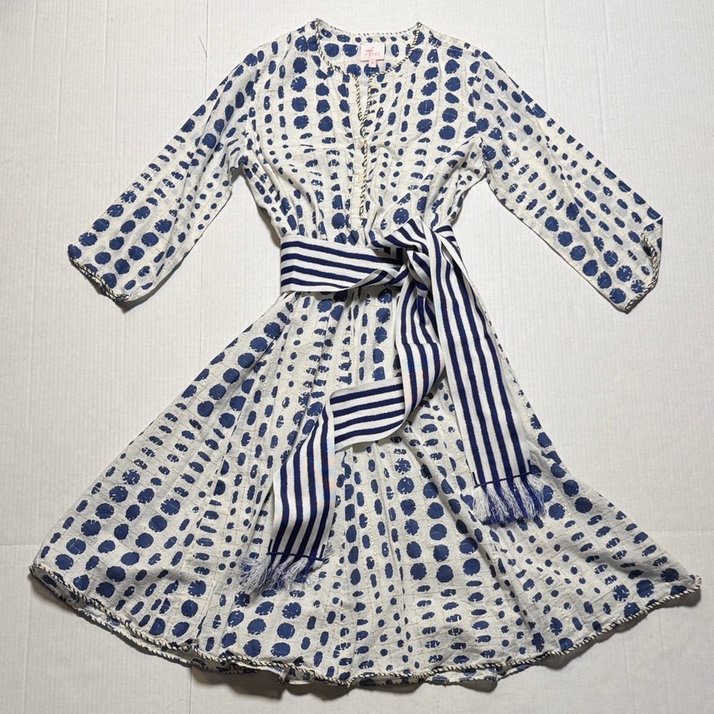 NIMO with Love 100% Cotton‎ Blue White Polka Dot Midi Dress Striped Belt Size S